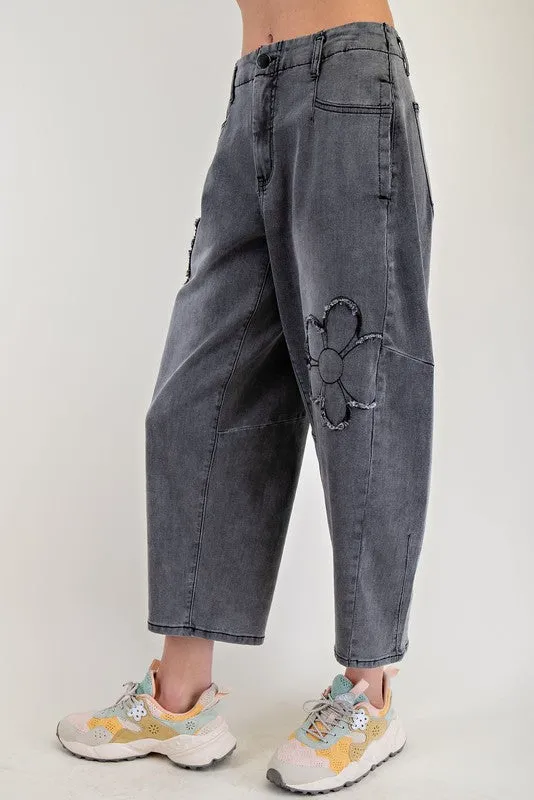 Washed Flower Patch Black Denim Barrel Pants
