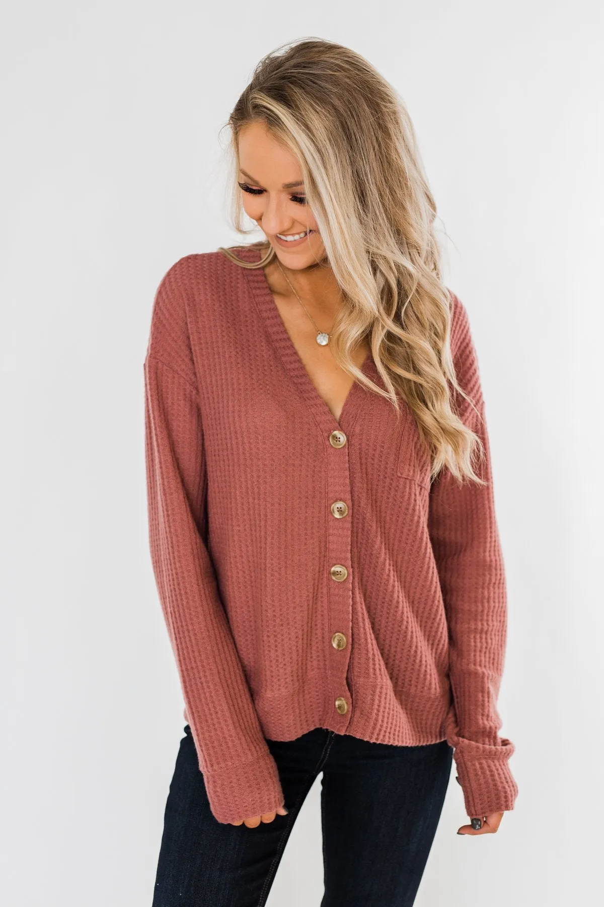 When We're Together Waffle Knit Top- Dusty Rose