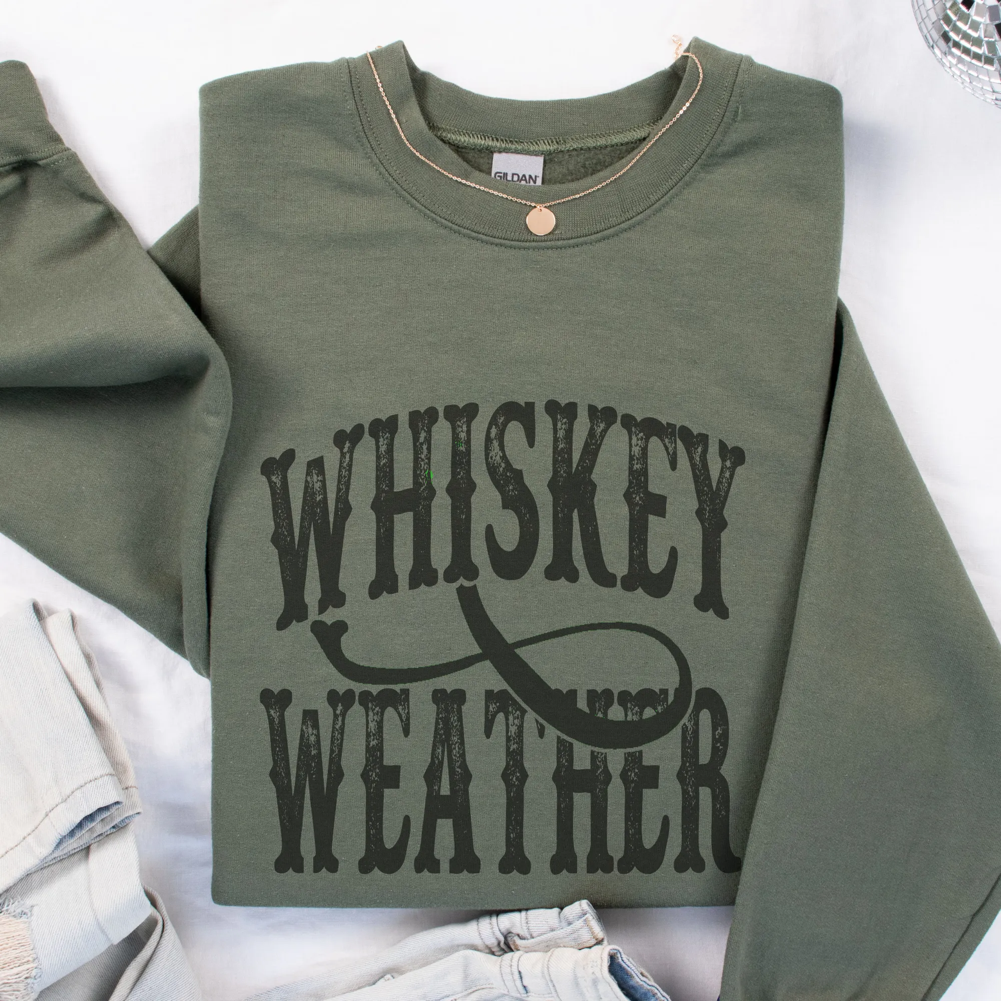 Whiskey Weather Western Crewneck Sweatshirt : Military Green