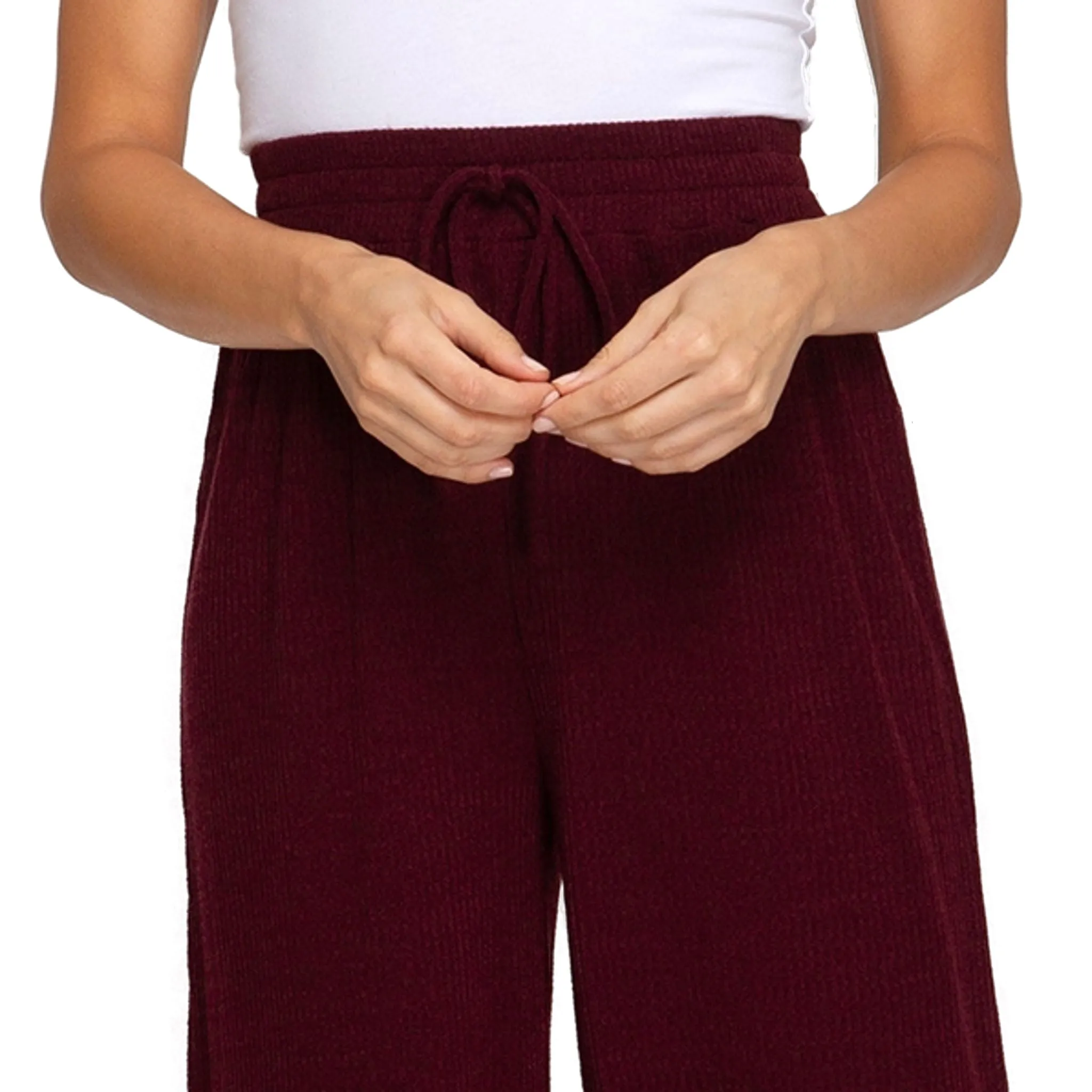 Wide Leg Long Pants Wine-Colored Rib Knit