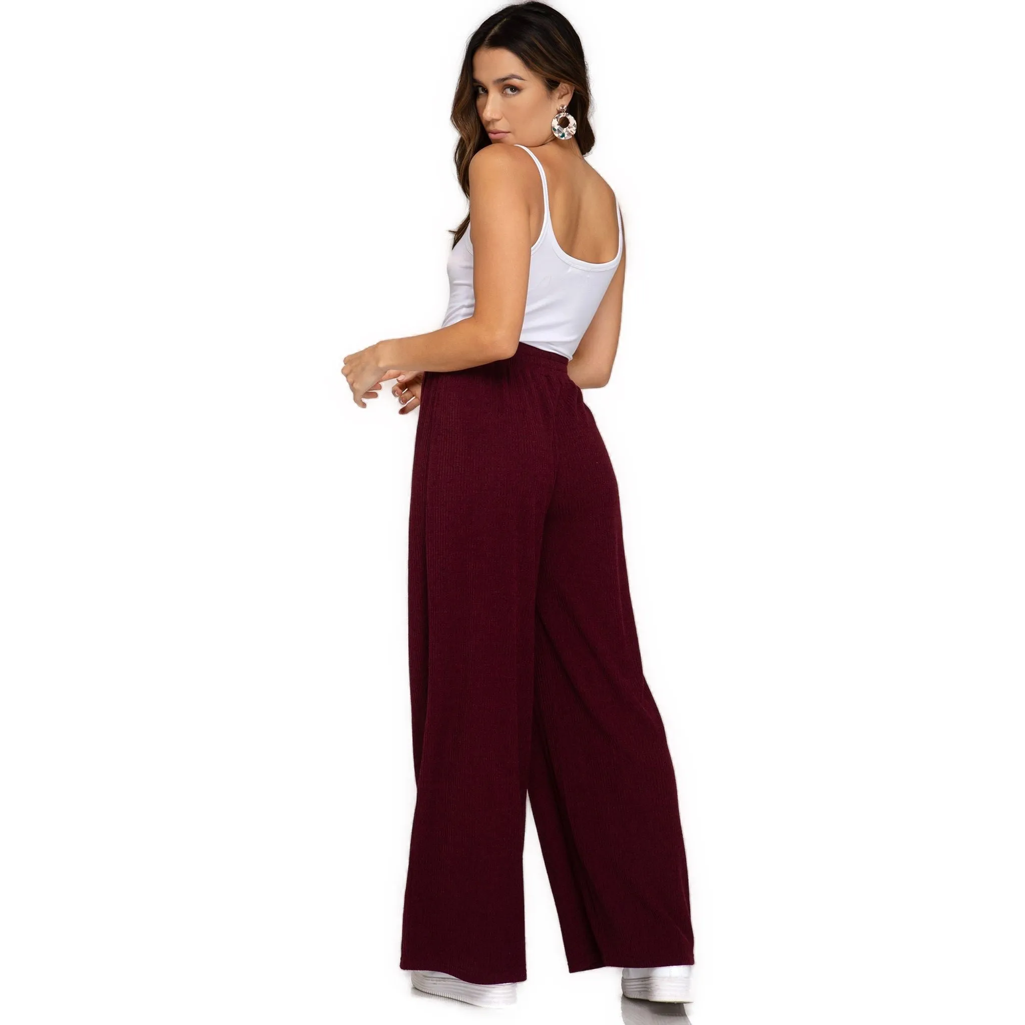 Wide Leg Long Pants Wine-Colored Rib Knit