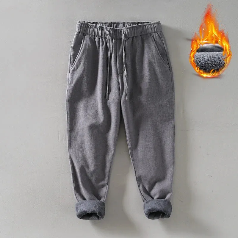 Winter New Gray Thick Fleece Cotton Linen Pants - Multi-pocket Loose Warm Straight Long Pants