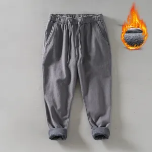 Winter New Gray Thick Fleece Cotton Linen Pants - Multi-pocket Loose Warm Straight Long Pants