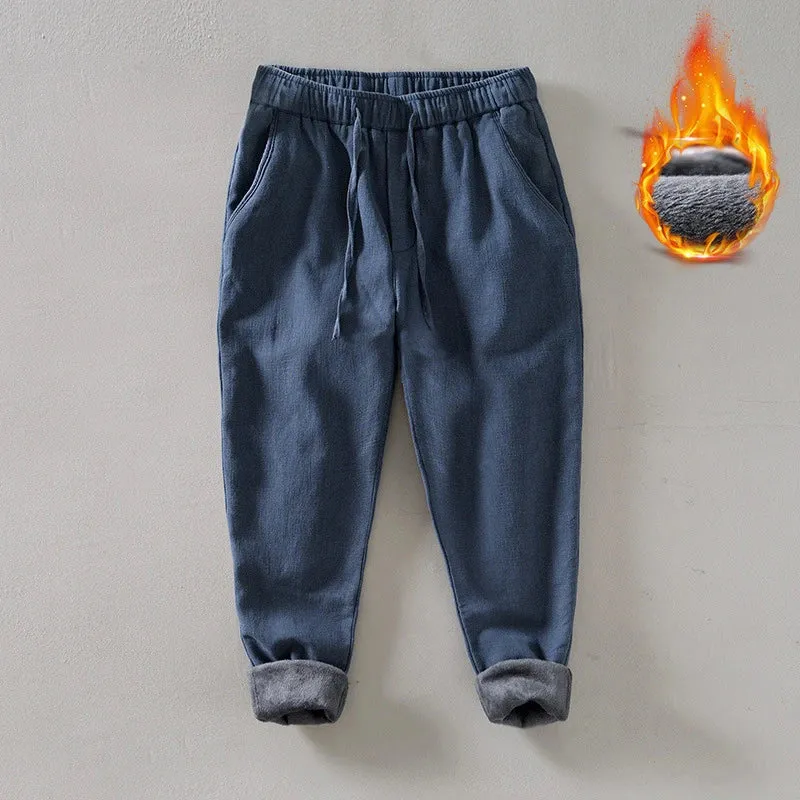 Winter New Gray Thick Fleece Cotton Linen Pants - Multi-pocket Loose Warm Straight Long Pants