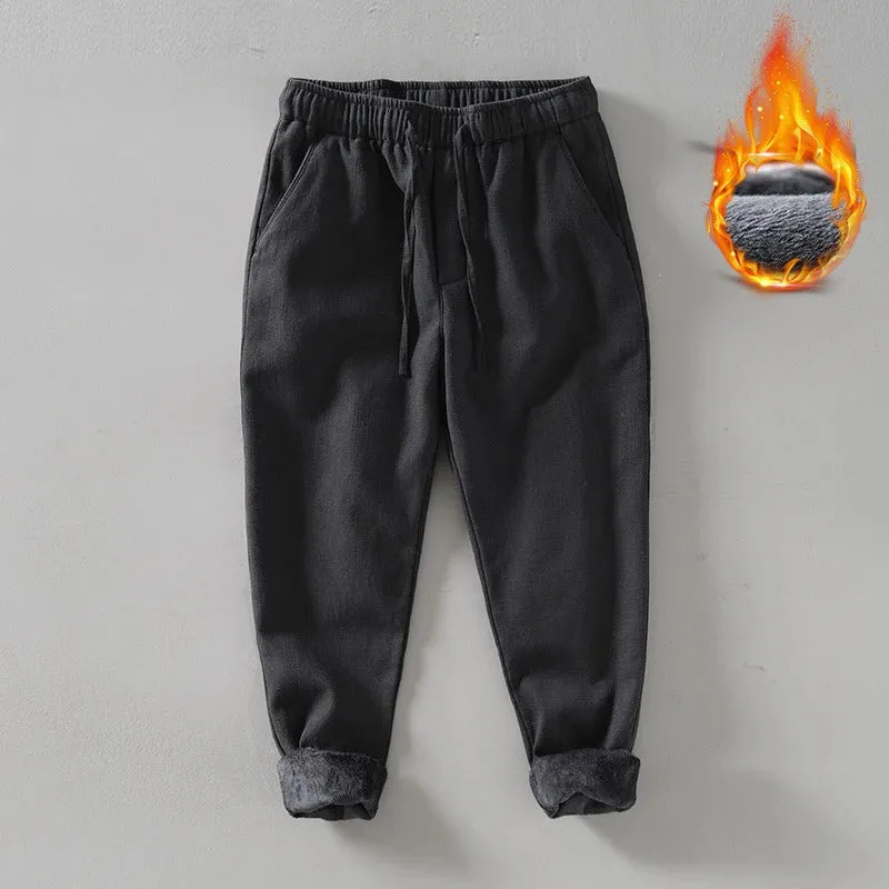Winter New Gray Thick Fleece Cotton Linen Pants - Multi-pocket Loose Warm Straight Long Pants