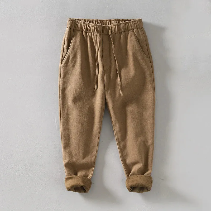 Winter New Gray Thick Fleece Cotton Linen Pants - Multi-pocket Loose Warm Straight Long Pants