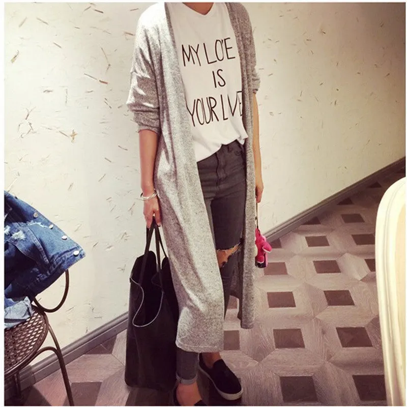 Women casual Sweet gray black Crochet Knitted Blouse Long-sleeve Tops Women long Sweaters Cardigans