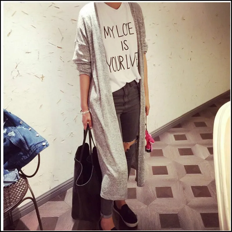 Women casual Sweet gray black Crochet Knitted Blouse Long-sleeve Tops Women long Sweaters Cardigans