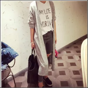 Women casual Sweet gray black Crochet Knitted Blouse Long-sleeve Tops Women long Sweaters Cardigans