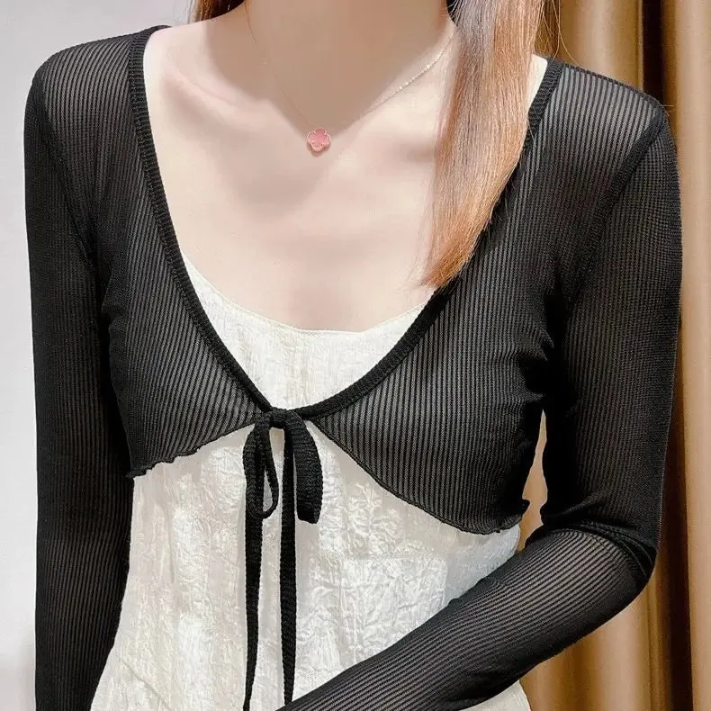 Women Elegant Cropped Long Sleeve Crop Top Mini Lightweight Cardigans Shrugs Open Front Draped Cardigan Shawls Cover Up
