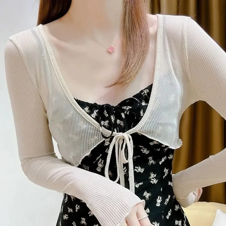 Women Elegant Cropped Long Sleeve Crop Top Mini Lightweight Cardigans Shrugs Open Front Draped Cardigan Shawls Cover Up