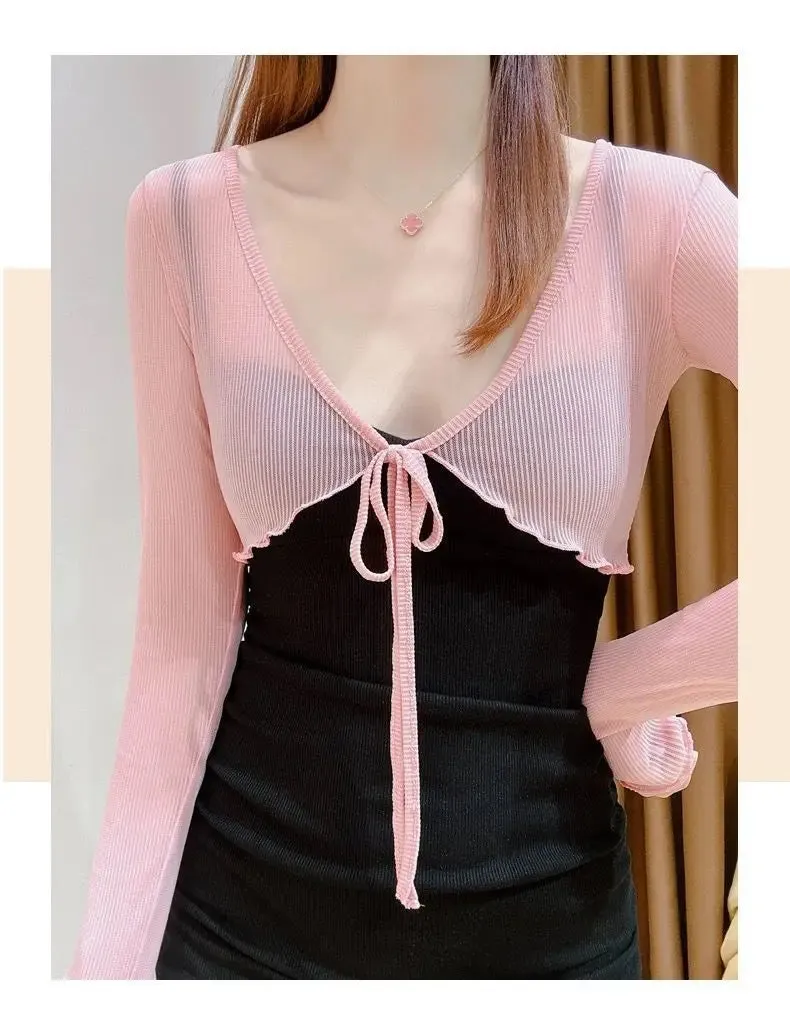Women Elegant Cropped Long Sleeve Crop Top Mini Lightweight Cardigans Shrugs Open Front Draped Cardigan Shawls Cover Up