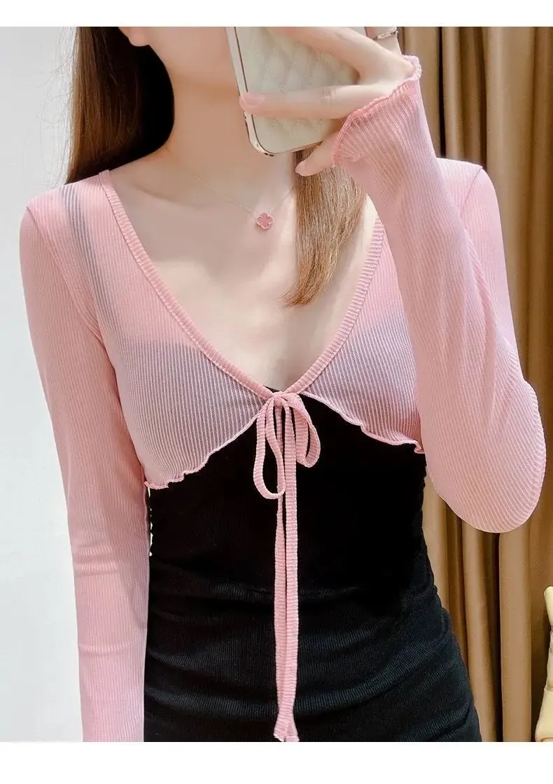 Women Elegant Cropped Long Sleeve Crop Top Mini Lightweight Cardigans Shrugs Open Front Draped Cardigan Shawls Cover Up