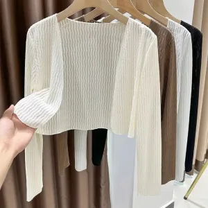 Women Elegant Cropped Long Sleeve Crop Top Mini Lightweight Cardigans Shrugs Open Front Sweater Draped Cardigan
