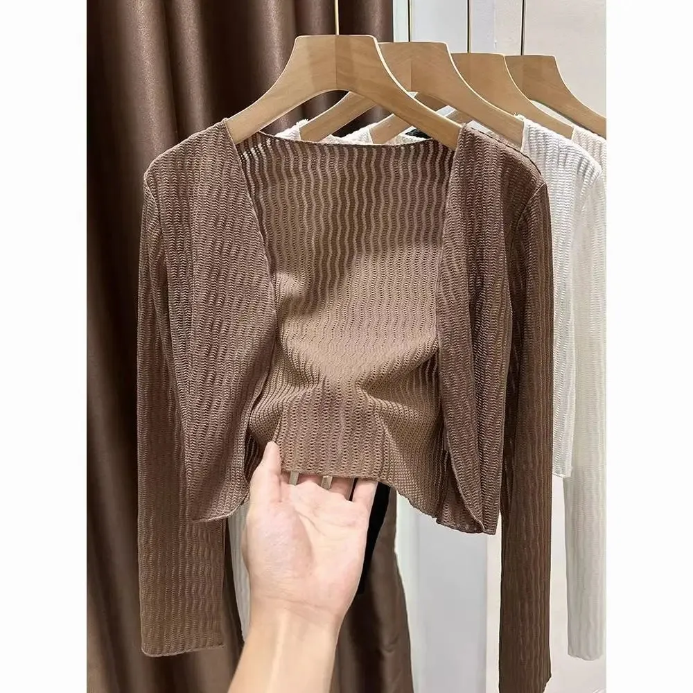 Women Elegant Cropped Long Sleeve Crop Top Mini Lightweight Cardigans Shrugs Open Front Sweater Draped Cardigan