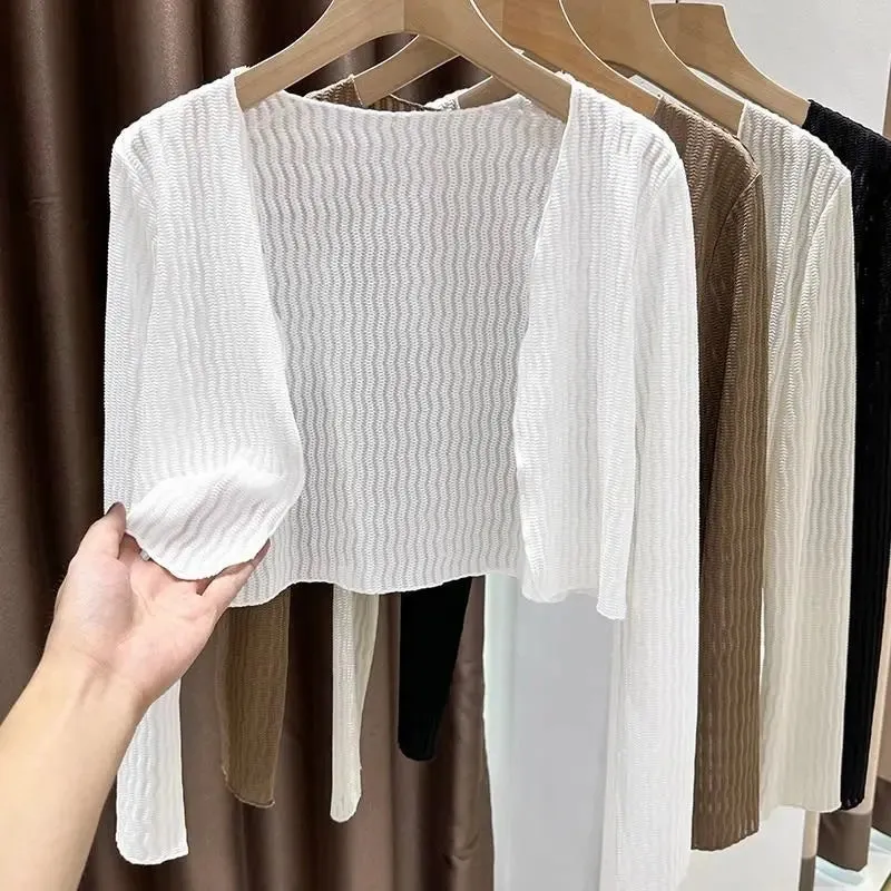 Women Elegant Cropped Long Sleeve Crop Top Mini Lightweight Cardigans Shrugs Open Front Sweater Draped Cardigan
