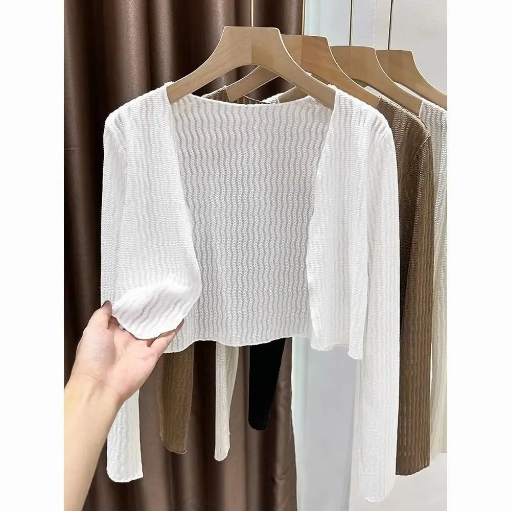 Women Elegant Cropped Long Sleeve Crop Top Mini Lightweight Cardigans Shrugs Open Front Sweater Draped Cardigan