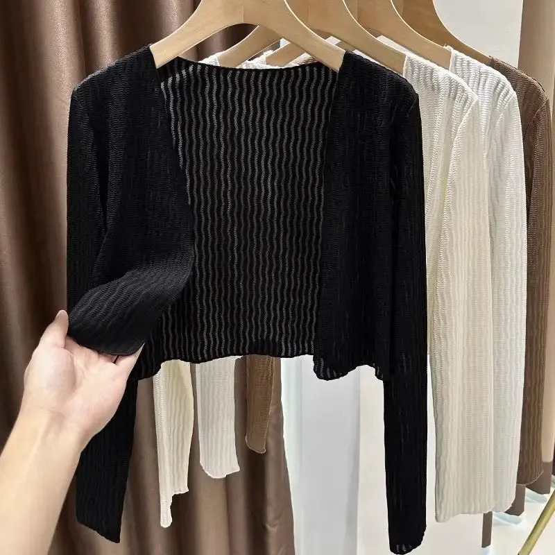 Women Elegant Cropped Long Sleeve Crop Top Mini Lightweight Cardigans Shrugs Open Front Sweater Draped Cardigan