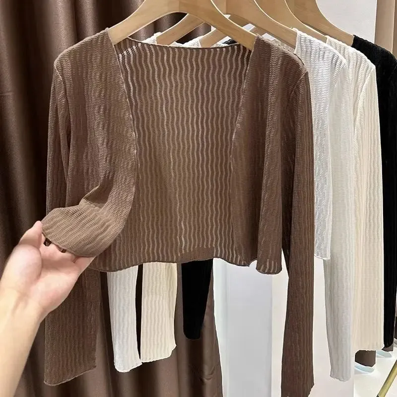 Women Elegant Cropped Long Sleeve Crop Top Mini Lightweight Cardigans Shrugs Open Front Sweater Draped Cardigan