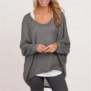 Women Fashion Casual Long Sleeve Loose Tunic Tops Shirts Black Gray Plus Size