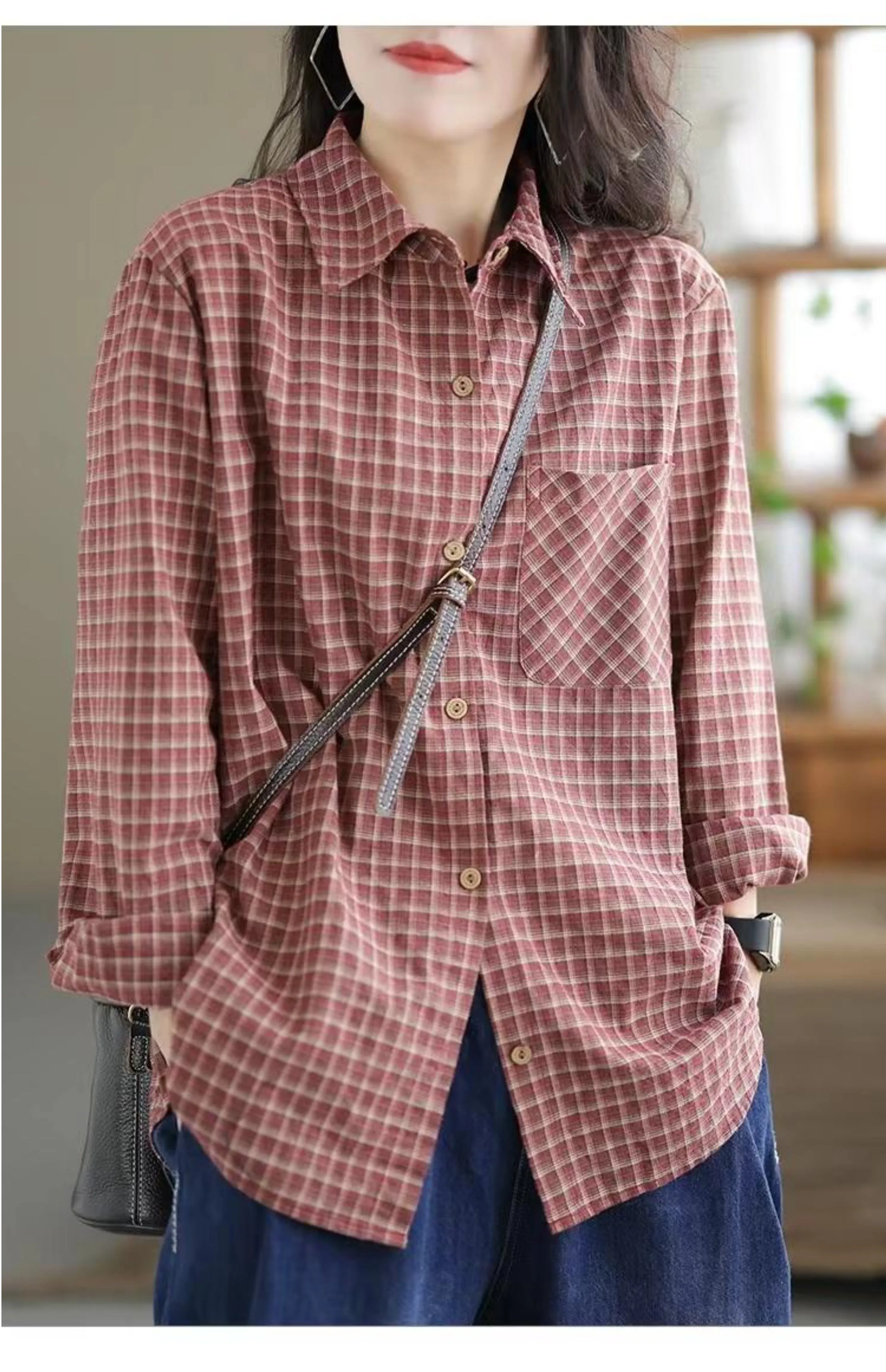 Women Retro Classic Loose Cotton Linen Plaid Shirts