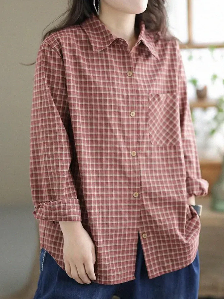 Women Retro Classic Loose Cotton Linen Plaid Shirts