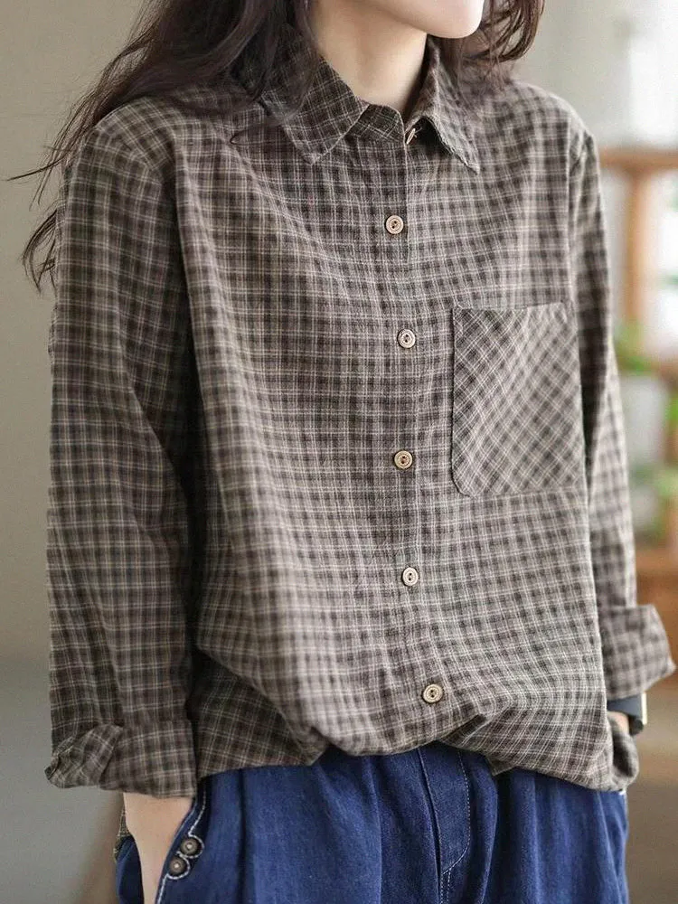 Women Retro Classic Loose Cotton Linen Plaid Shirts