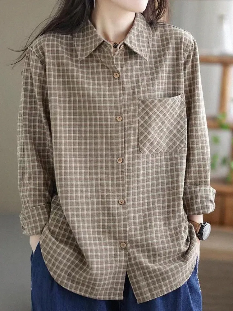 Women Retro Classic Loose Cotton Linen Plaid Shirts