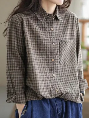 Women Retro Classic Loose Cotton Linen Plaid Shirts