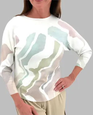 Women's Printed Crewneck Sweater with Dolman Sleeve - 38009