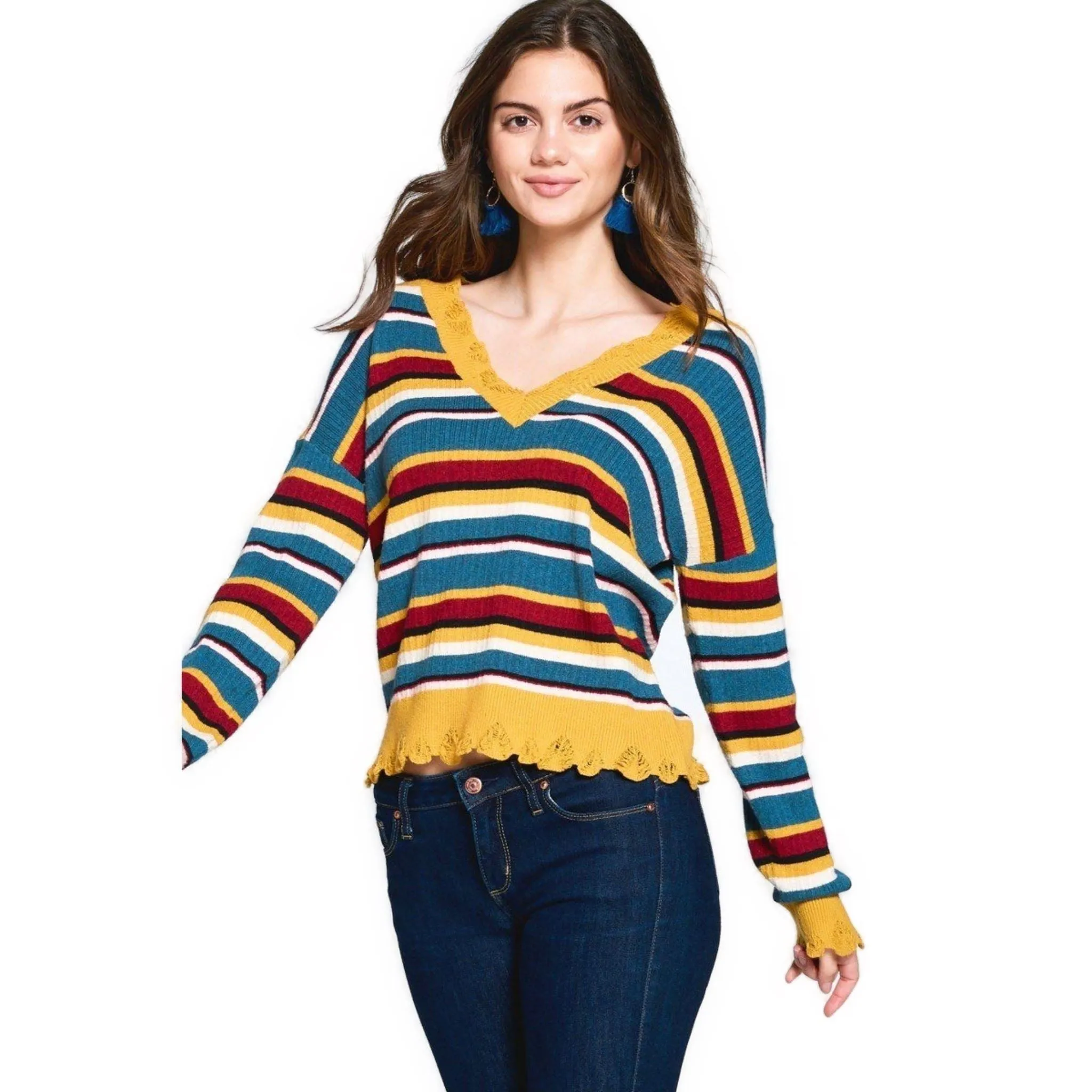 Women's Vibrant Striped V-Neck Sweater with Scalloped Hem