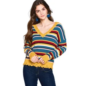 Women's Vibrant Striped V-Neck Sweater with Scalloped Hem