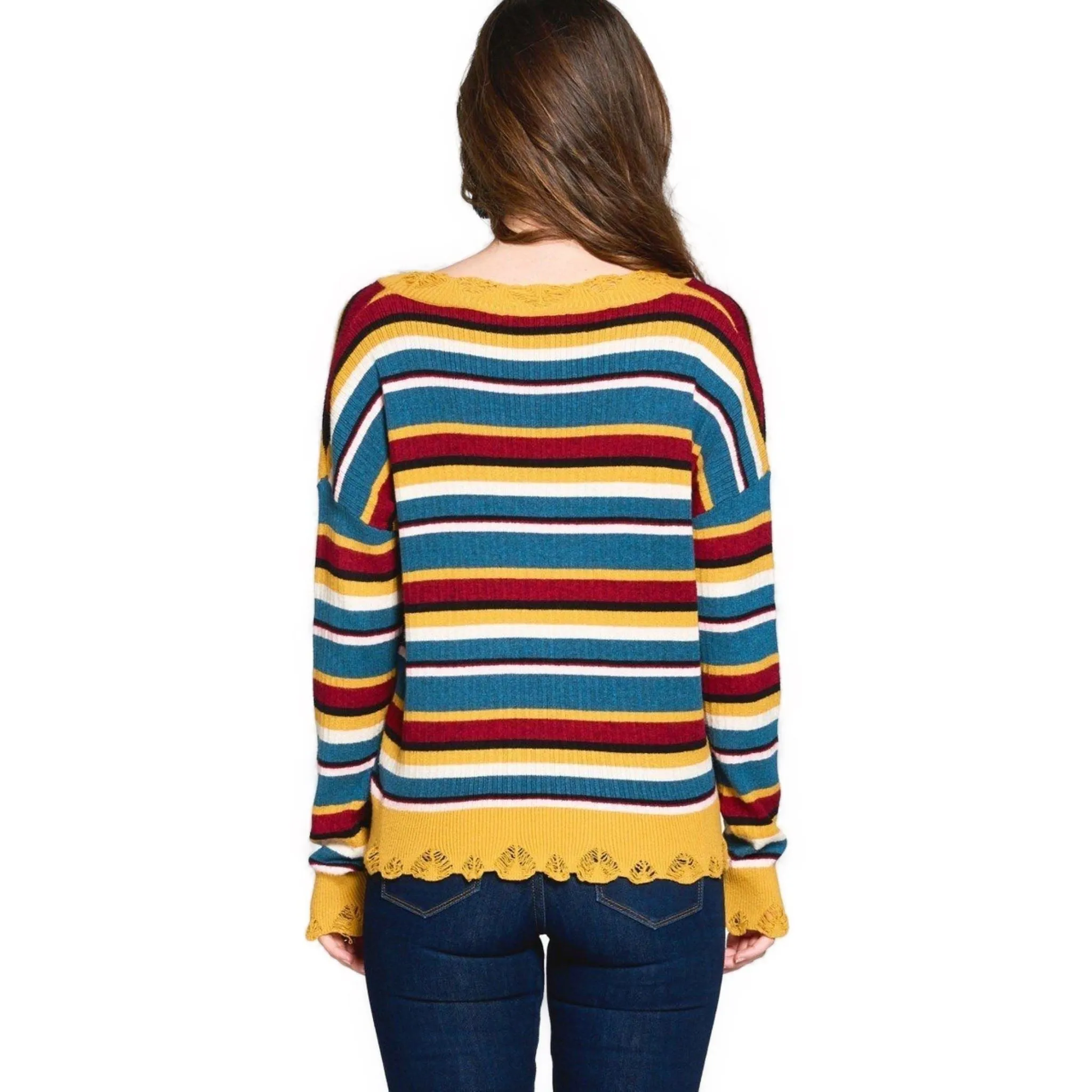 Women's Vibrant Striped V-Neck Sweater with Scalloped Hem