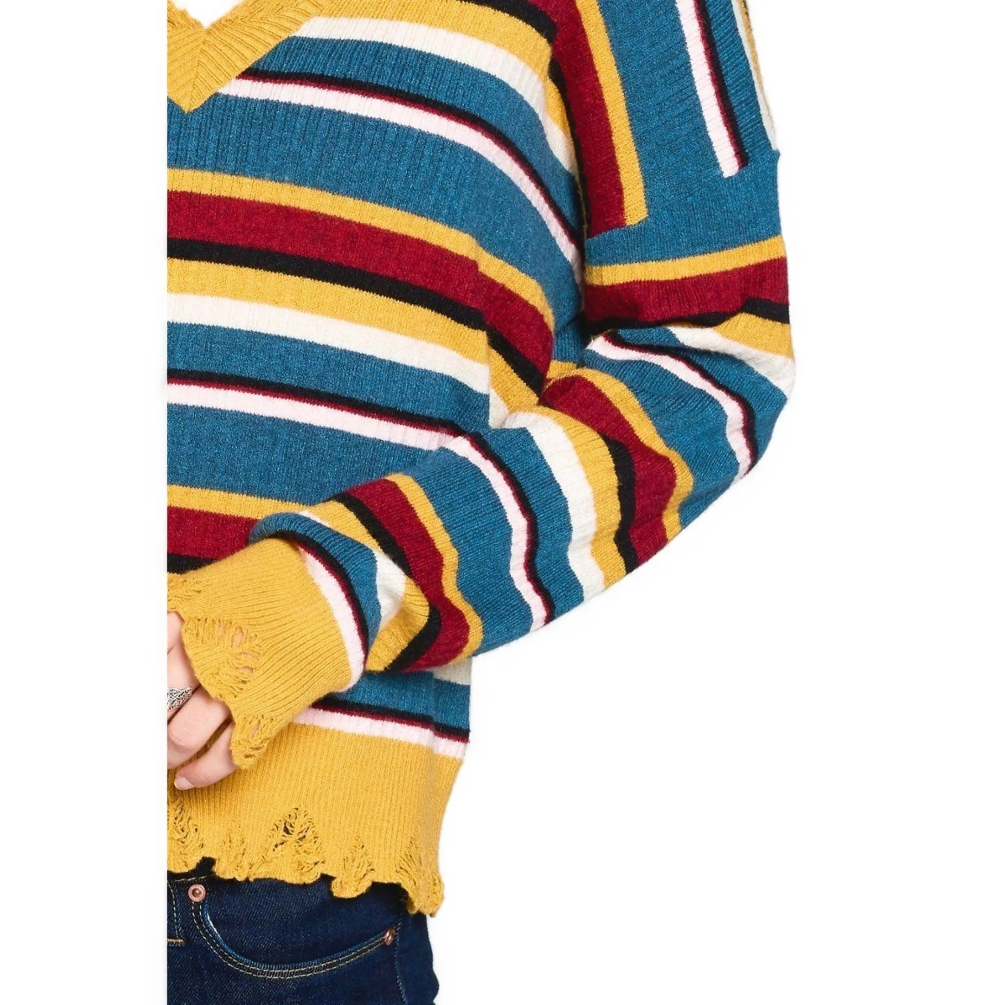 Women's Vibrant Striped V-Neck Sweater with Scalloped Hem