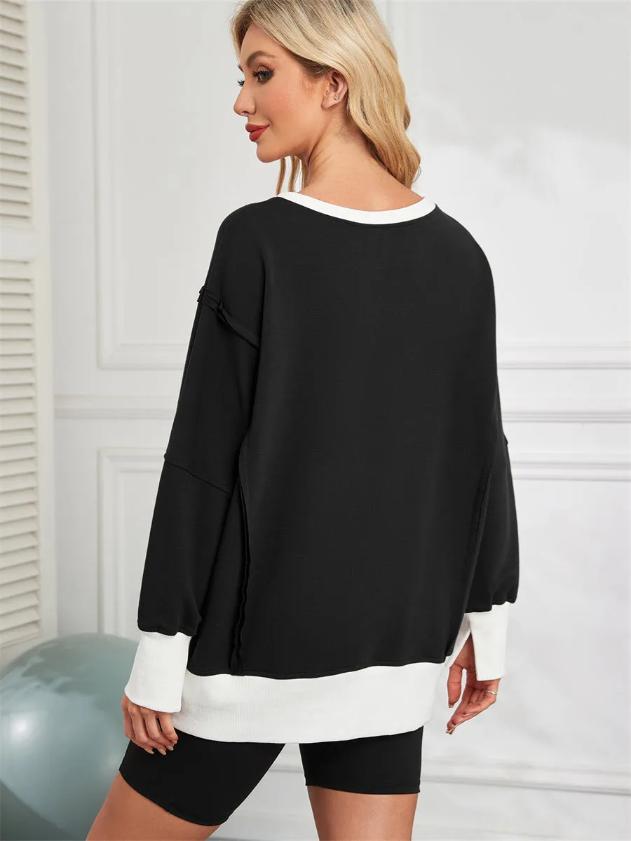 ZAFUL Women's Color Block Oversized Sweatshirt Round Collar Long Sleeve Casual Fall Winter Tops