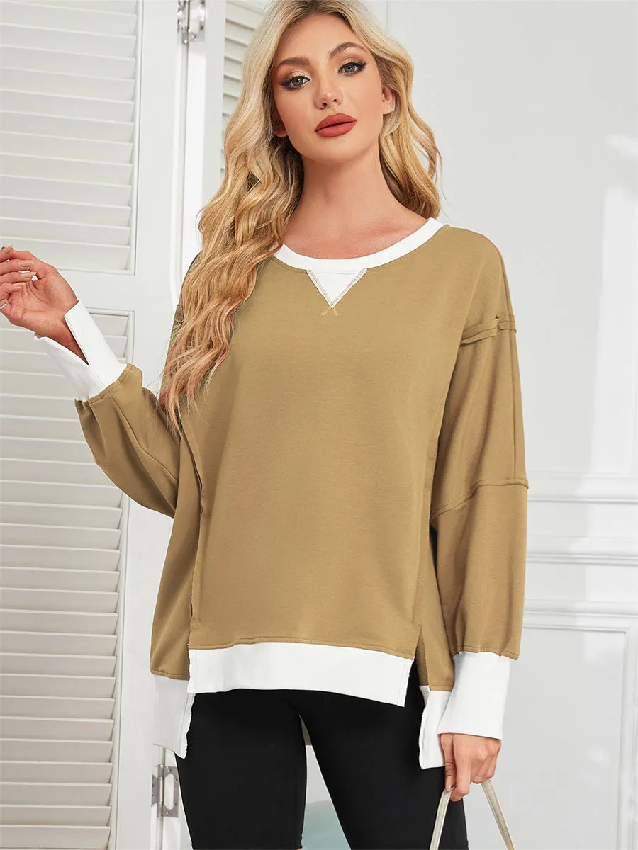 ZAFUL Women's Color Block Oversized Sweatshirt Round Collar Long Sleeve Casual Fall Winter Tops